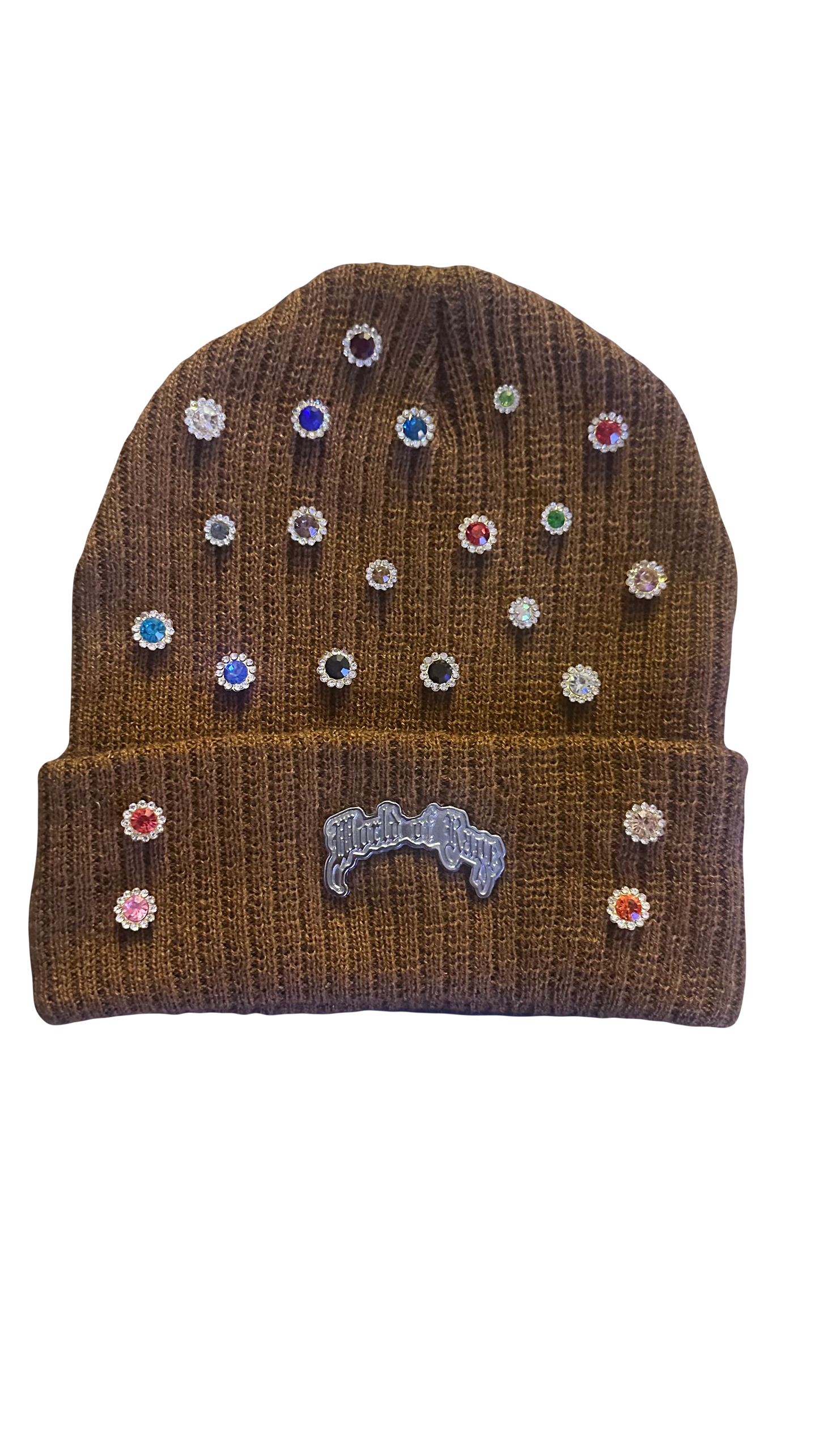 WOR rhinestone beanie w/ metal emblem