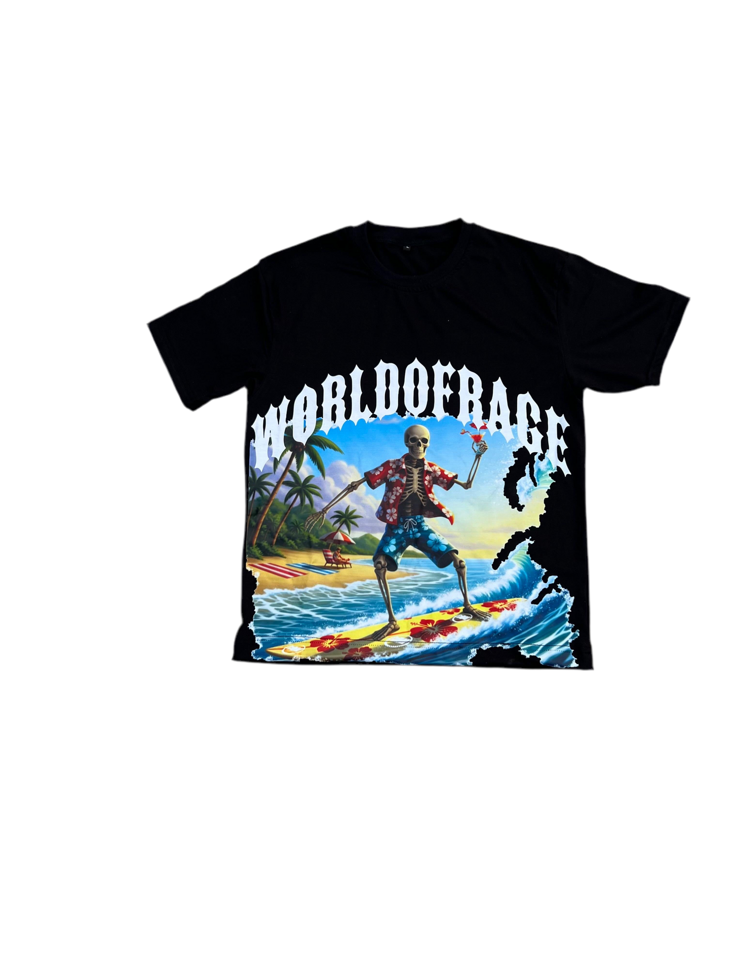 "WORLD OF RAGE" Tropical Surf Skeleton Graphic T-Shirt