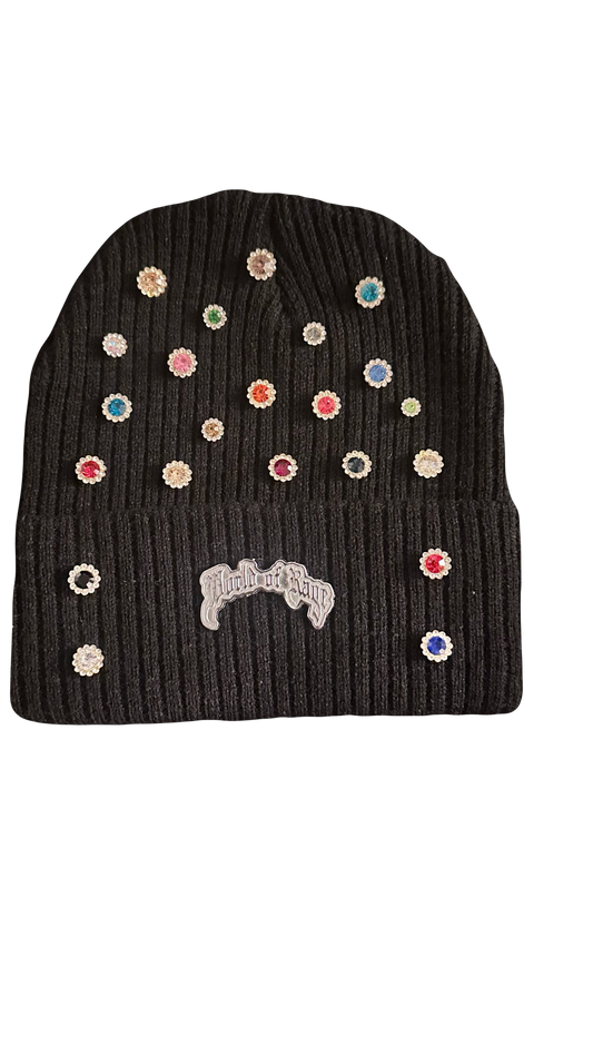 WOR rhinestone beanie w/ metal emblem